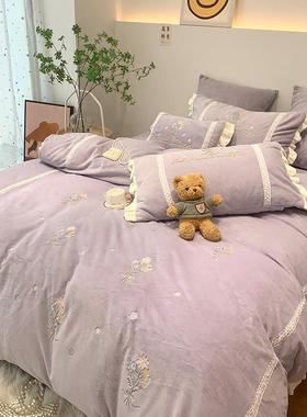 紫色花朵少女心韩式公主风保暖牛奶绒四件套冬季珊瑚绒床上用品