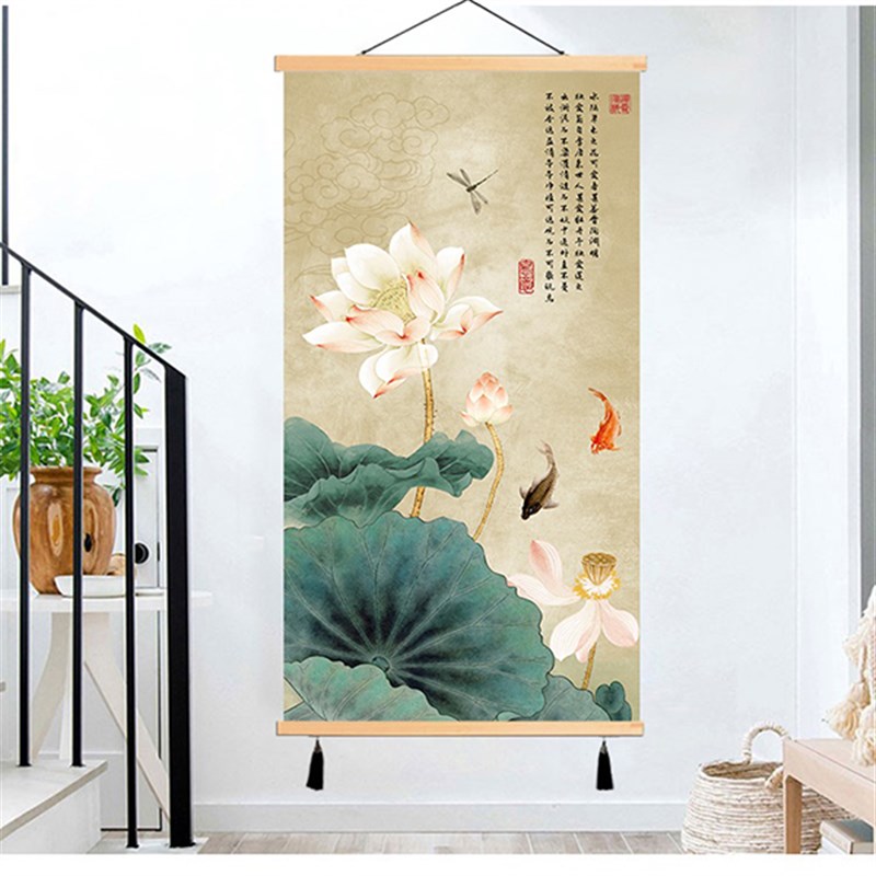 2022款九鱼图入户玄关装饰画新中式走廊过道客厅轻奢墙画布艺挂画图片