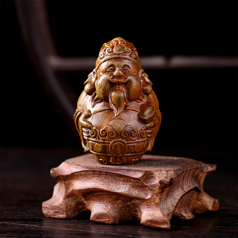 天然绿檀木雕刻财神爷 桌面木质摆件 客厅茶桌装饰文玩手把件