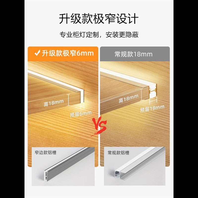 超薄双面上下发光层板灯P型卡18mm槽免开槽酒柜衣柜led感应灯带条