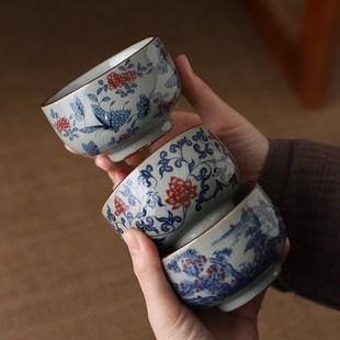 老陶泥青花主人杯大号个人茶杯釉里红开片压手品茗杯功夫茶具单杯