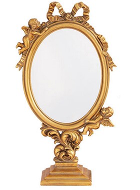 复古欧式金色天使浮雕镜子台式高脚家居摆件轻奢梳妆网红拍摄道具