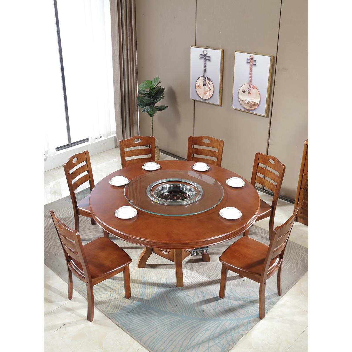 火锅店桌子带电磁炉下沉式一体商用饭店家用6/10人实木圆形餐桌椅