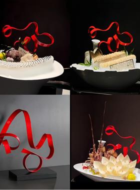 刺身抽象艺术摆件创意冷菜摆盘装饰品海鲜姿造背景红色飘带小摆件