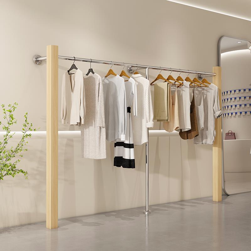 服装店上墙展示架落地女装店货架专用挂衣架不锈钢落地式挂杆实木