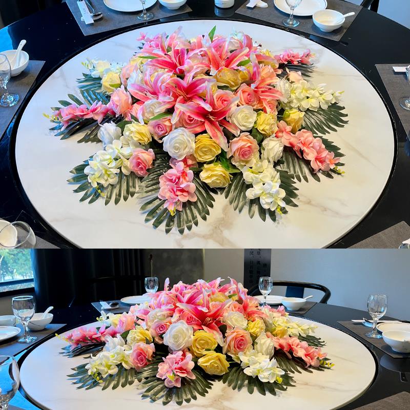 酒店餐桌装饰花大圆桌中间摆花转盘餐厅圆形桌子摆件仿真假花草坪