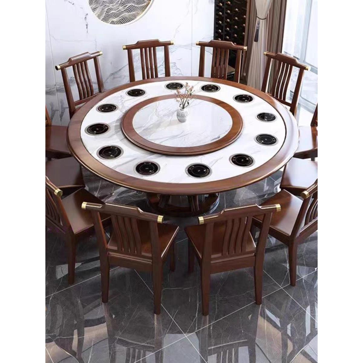 岩板火锅桌子电磁炉一体家用一人一锅实木大圆桌酒店饭店餐桌商用