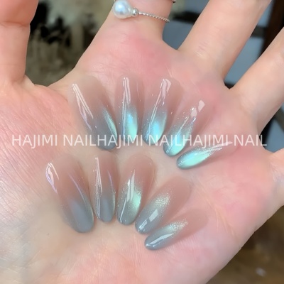 手工渐变蓝猫眼绿光疗穿戴甲