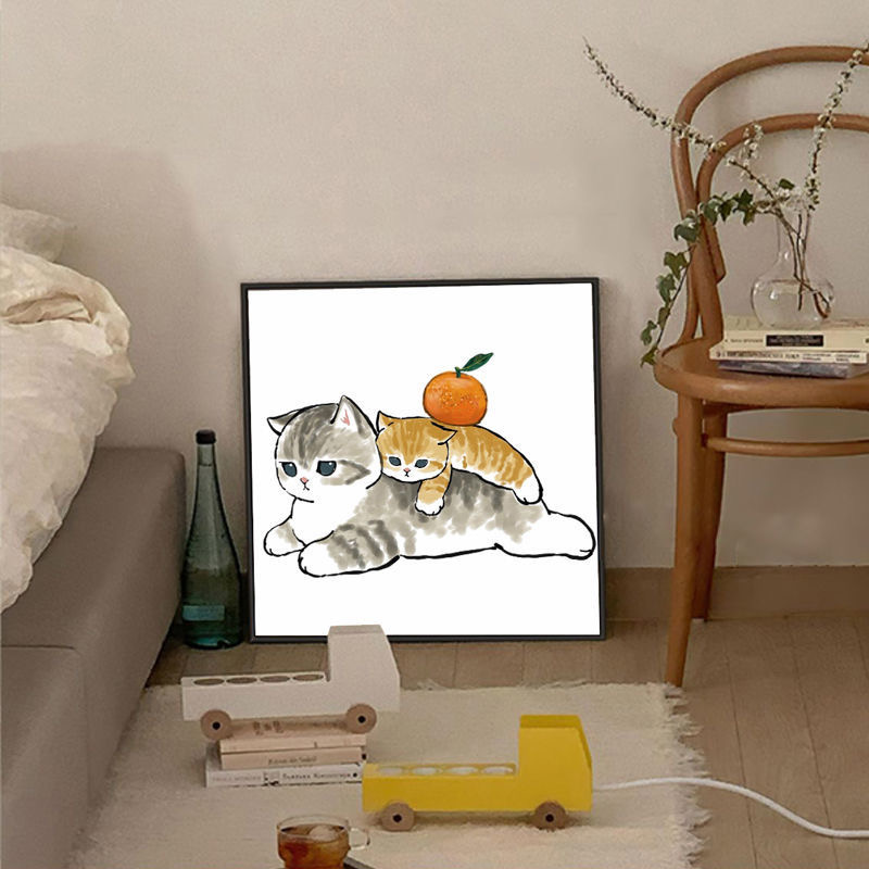 日式可爱猫咪客厅装饰画儿童房卧室床头挂画网红奶茶店背景墙壁画图片