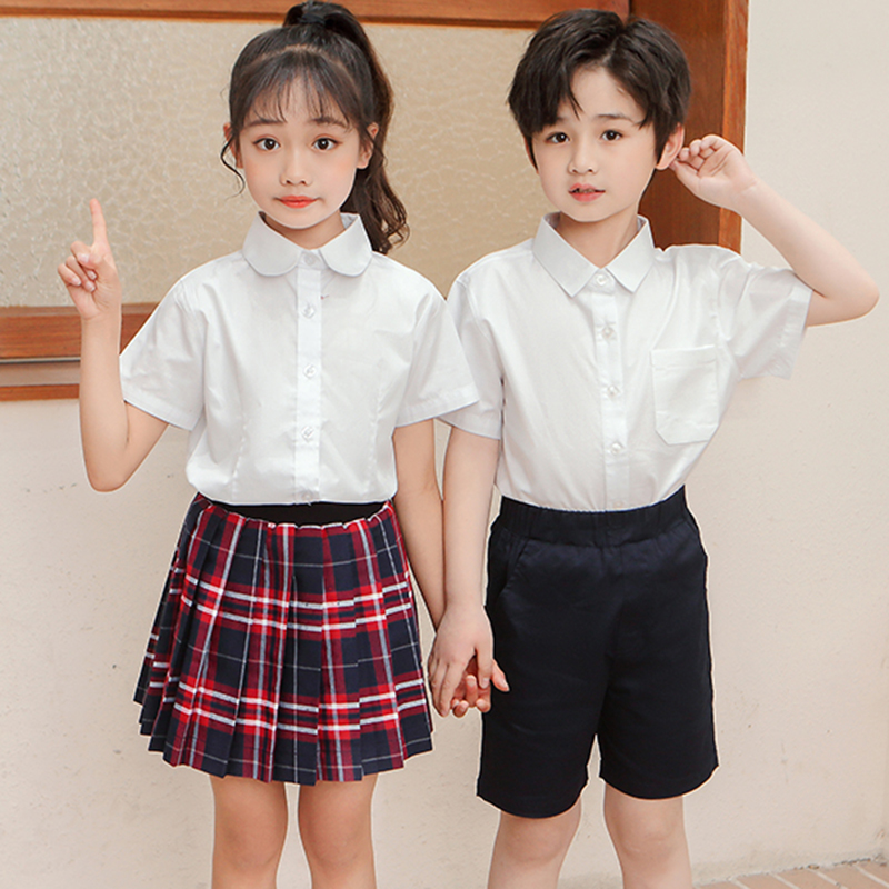 男童女童短袖白衬衫夏季2023新款中大儿童白色衬衣小学生校服套装