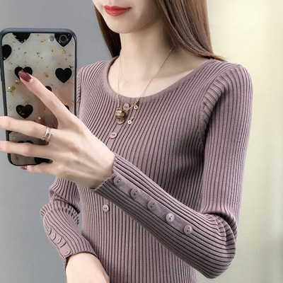 2025秋冬女圆领新款毛衣女内搭针织衫中长款修身显瘦打底衫弹力衫