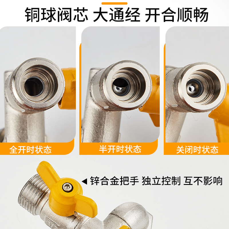 铜三通接头一分二路双开关水管阀门分流分水器4分入墙式外丝接口