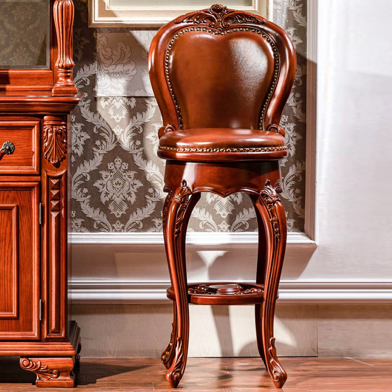 欧式酒吧椅 美式别墅全实木家用靠背复古旋转创意高脚凳子吧台椅