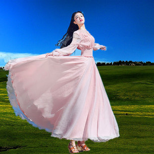 很仙 甜美波西米亚粉色长袖 收腰雪纺大摆连衣裙度假长裙 新款 夏装