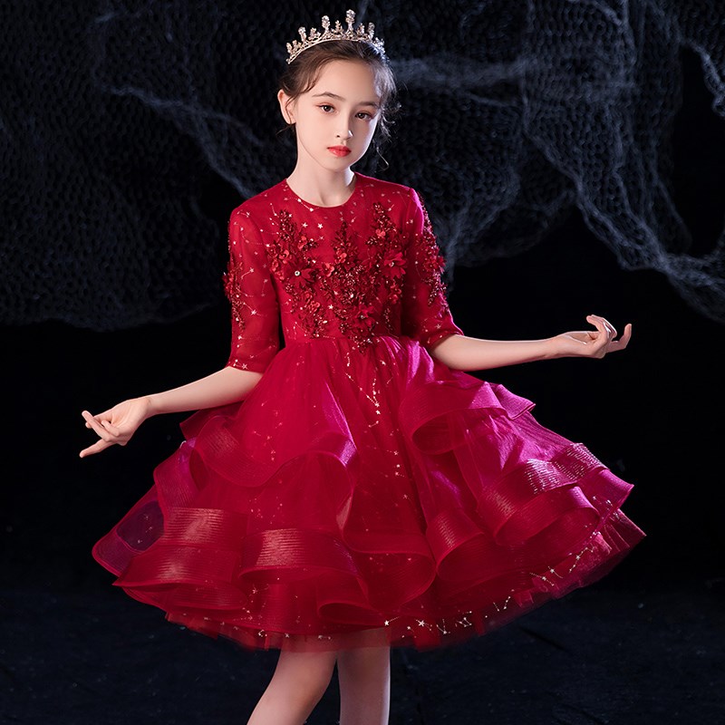 女童生日公主裙红色儿童晚礼服花童演奏小主持人钢琴演出服秋季女