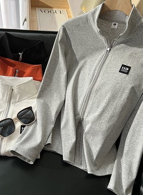 新款2024女装浅灰色纯棉春夏薄款开衫卫衣女立领修身外套拉链上衣