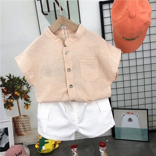 男童立领衬衫2024夏季新款儿童女童条纹衬衣潮宝宝休闲打底衫短袖