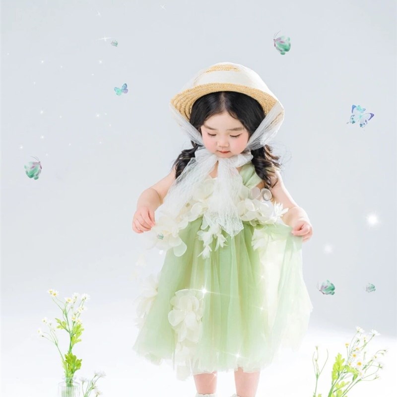 新款简约拍肖像女童绿色纱裙女孩公主裙蓬蓬裙连衣裙摄影拍照服装
