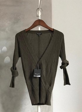 150精选 M.d真丝+羊毛V领针织衫女 打底衫橄榄绿色 高弹