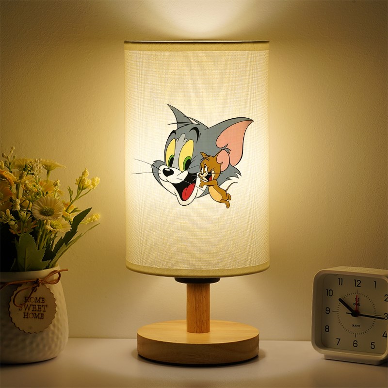 猫和老鼠床头灯卡通儿童房暖光护眼led台灯布艺创意桌面实木小夜