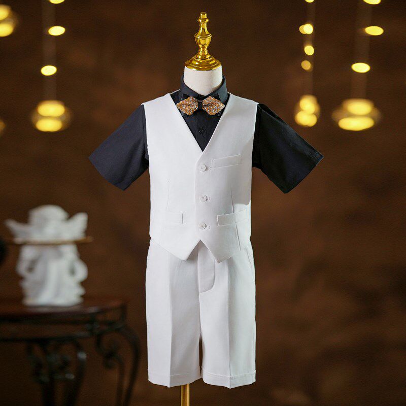 男童礼服高级感夏短袖毕业舞台朗诵表演儿童主持人钢琴演出服白色