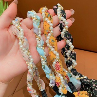 儿童编发发箍丝巾碎花飘带一体头箍女童珍珠发饰马尾绑发发卡头饰