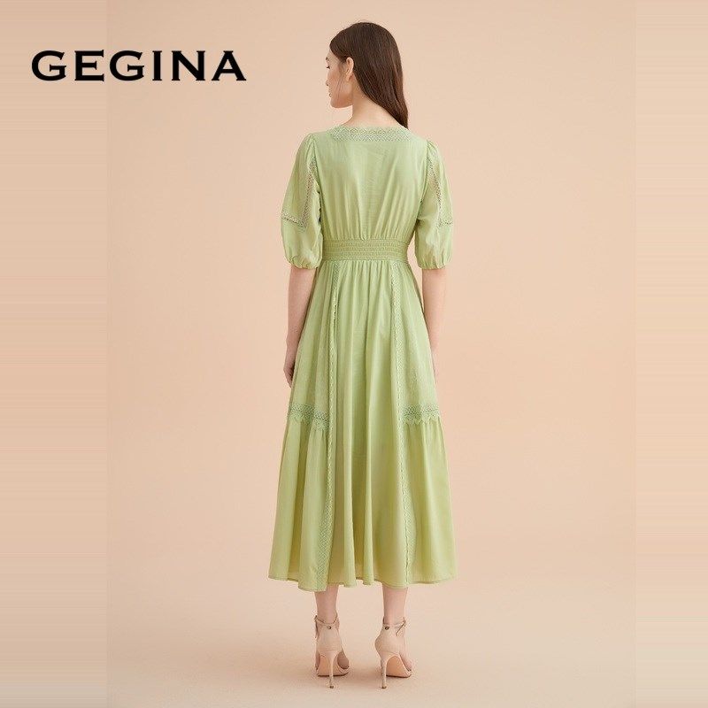 【蕾丝】GEGINA吉吉娜真丝绣花拼接连衣裙女士长款V领收腰A字裙子