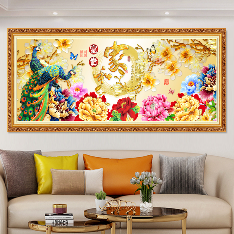家和万事兴挂画孔雀图花开富贵轻奢新中式客厅装饰画自粘壁画贴纸图片