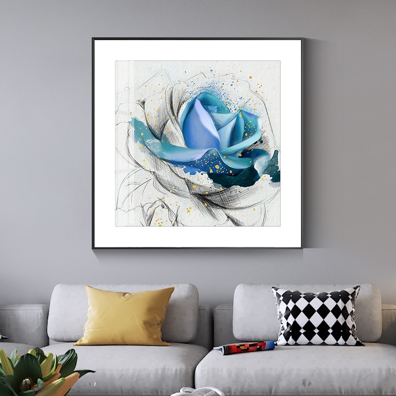 北欧轻奢客厅玄关装饰画金箔花卉花朵蓝色金色挂画美式简约楼梯画图片