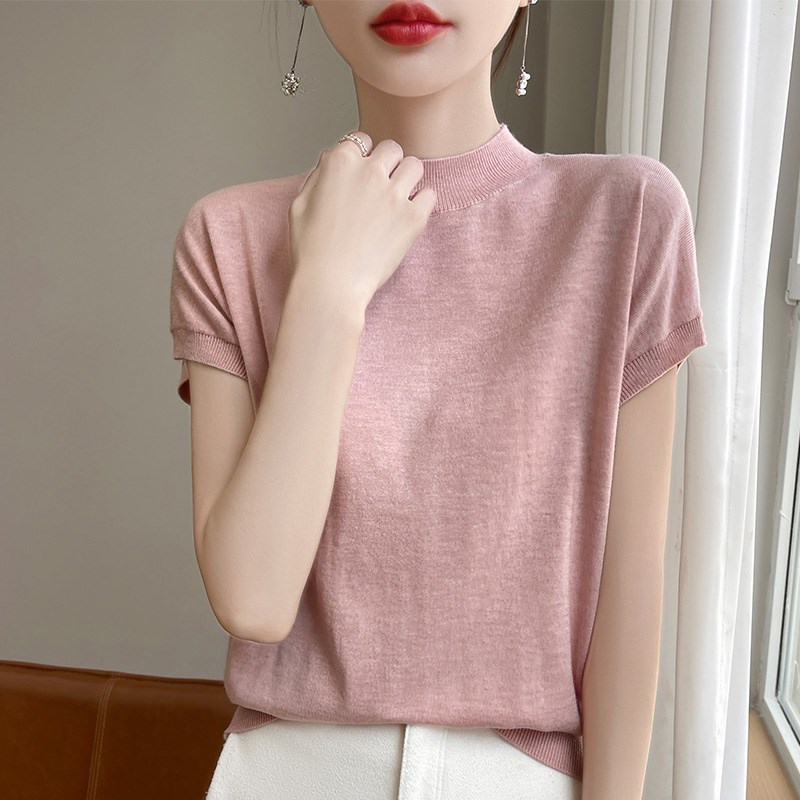 半高圆领设计感包袖针织衫背心女修身内搭西装打底衫t恤上衣薄款