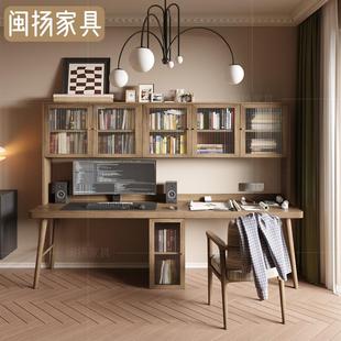 实木双人书桌书柜一体家用原木长条桌工作台书房靠墙学习电脑桌子