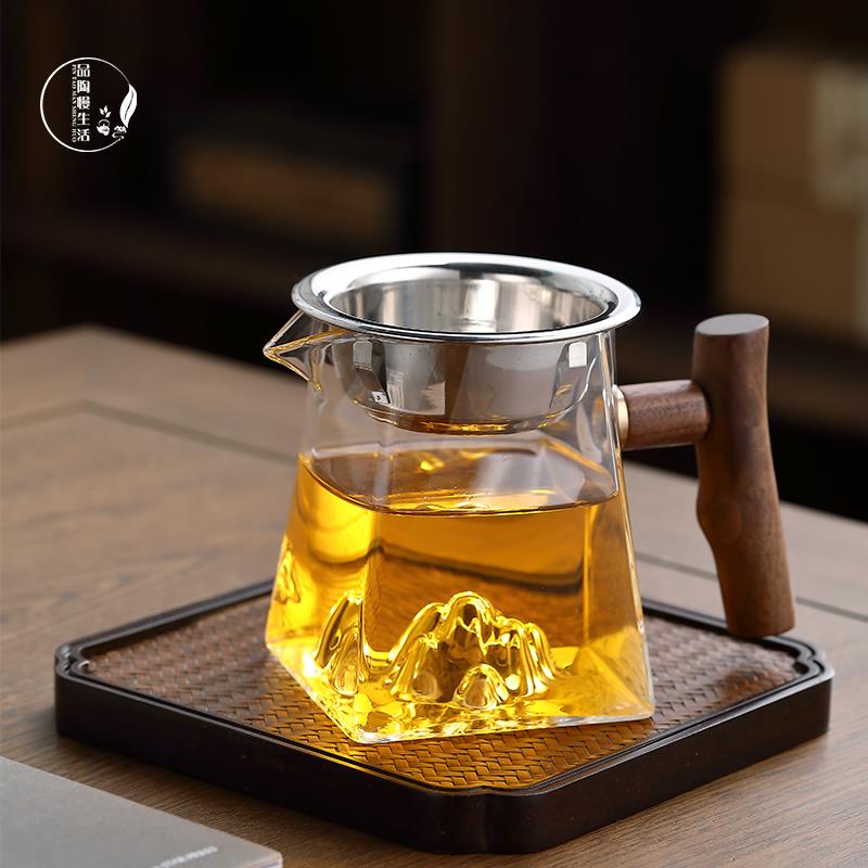 木把玻璃公道杯高档观山公杯茶漏一体套装分茶器带手柄茶具配件组