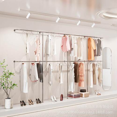 不锈钢银色童装店女装店双层挂衣架壁挂式上墙展示架陈列展示道具