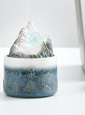 山水陶瓷流水摆件茶室茶台禅意假山转运球喷泉流水器手绘-陶瓷