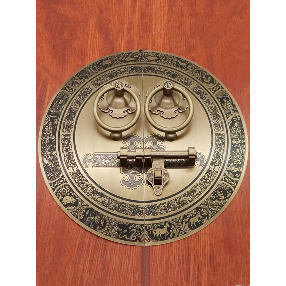 仿古大门拉手中式纯铜门环复古圆形拉环老式门栓插销木门门锁配件