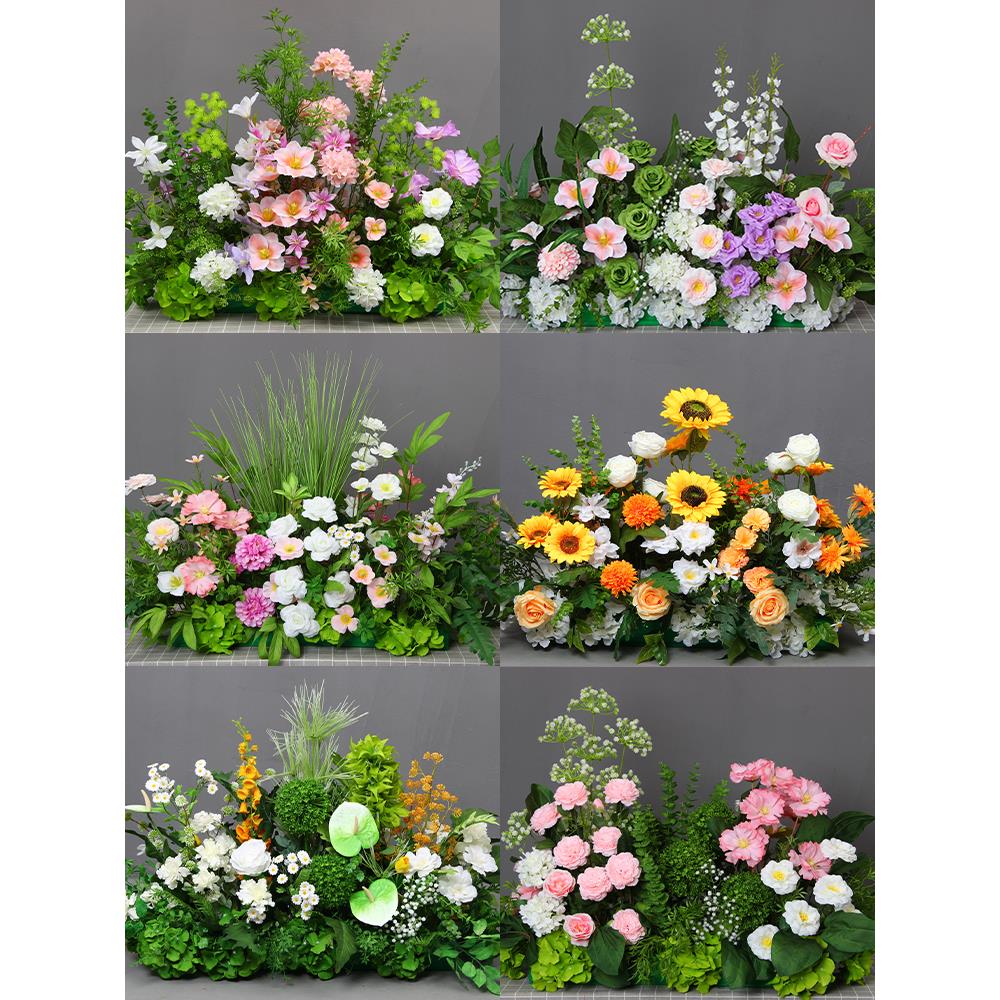 婚庆花排森系地排花 绿色仿真花婚礼背景布置假花路引花成品花艺