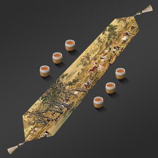百骏图长条桌旗新中式禅意古画 画茶席茶几布艺桌布棉麻防水茶桌