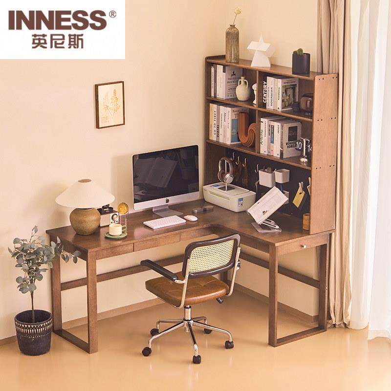 英尼斯 实木转角书桌书架一体组合 儿童学习写字桌简约办公电脑桌