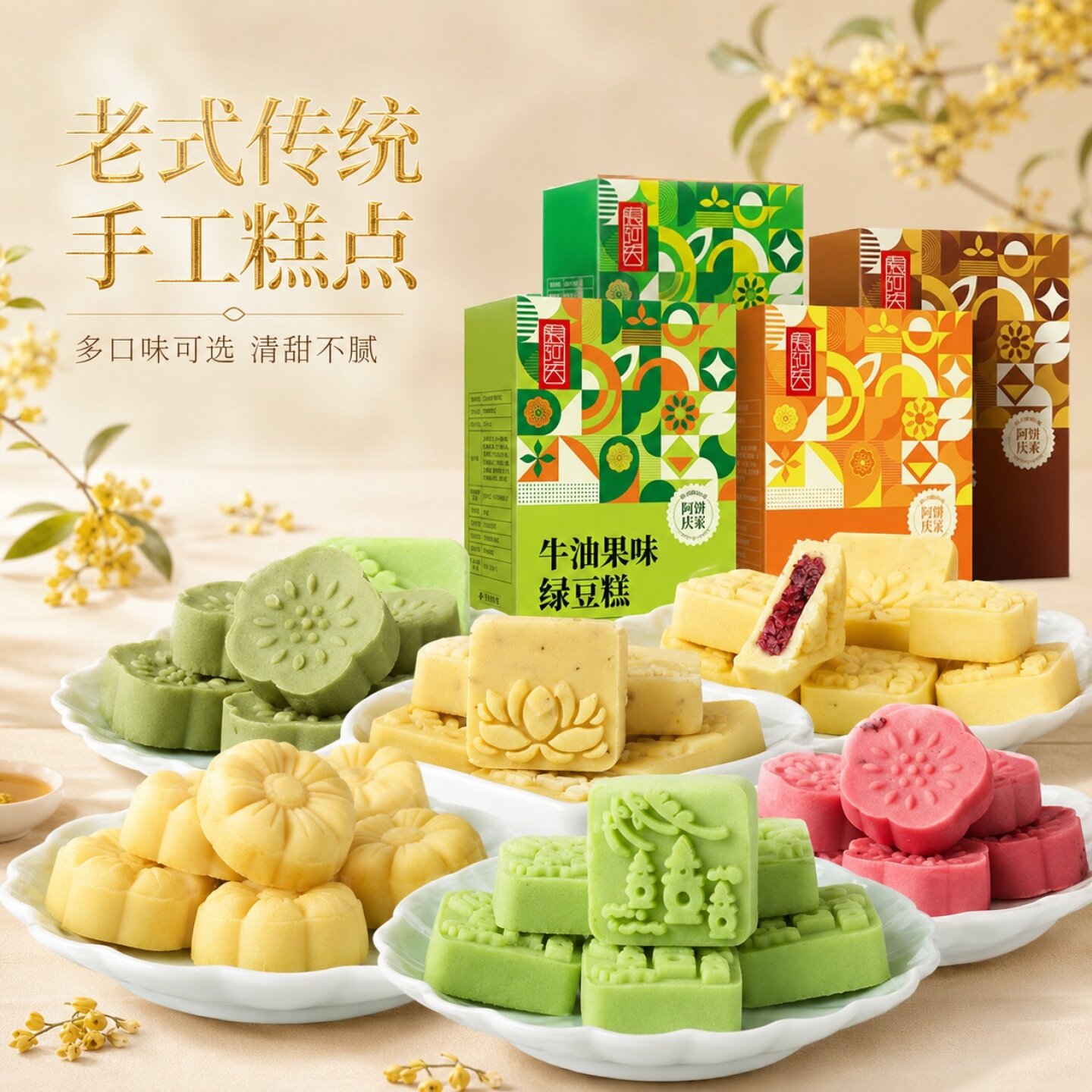 绿豆糕饼桃酥豆沙馅桂花糕老式传统手工中式糕点安徽特产零食点心