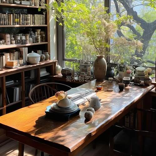 茶室新中式禅意实木茶桌书桌组合家用办公电脑桌子客厅阳台书房