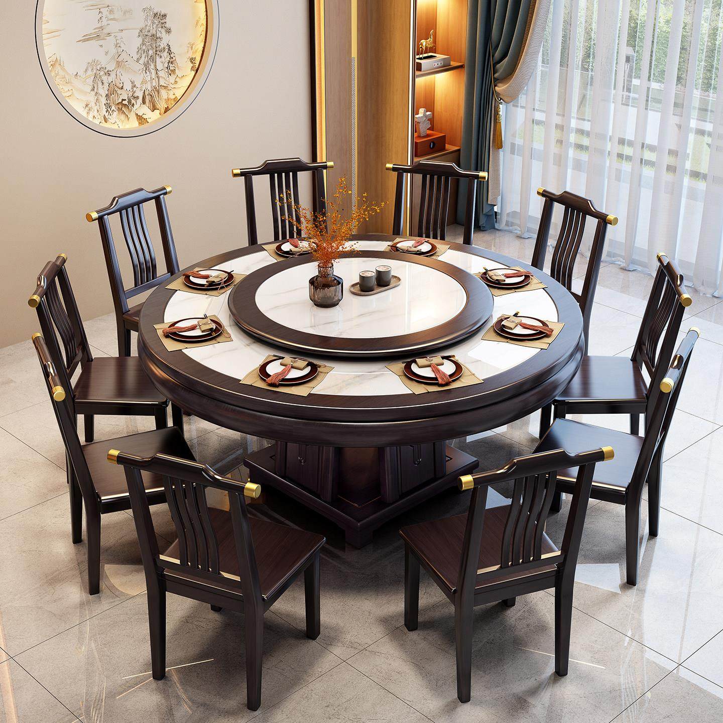 实木岩板餐桌椅组合家用餐桌带转盘饭店新中式大圆桌电磁炉火锅桌,住宅家具,岩板餐桌,淘宝优惠券,粉丝福利购,淘宝优惠卷