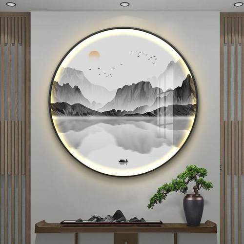 新中式圆形灯画 画玄关书房背景装饰画 画水墨风景意境山水茶室圆