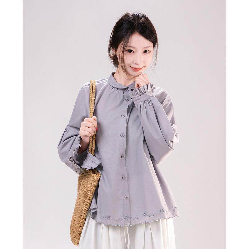 极速艺野系复古文艺下摆波浪花边绣花娃娃领紫色长袖衬衫女春森系