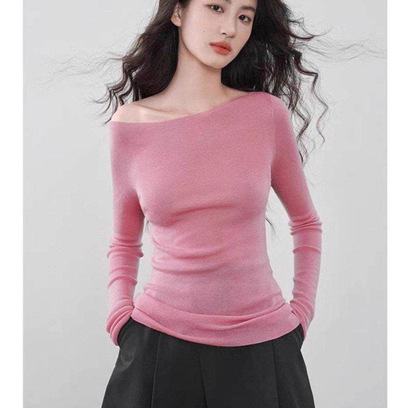 极速春秋新款粉色一字领毛衣针织打底衫女设计感小众长袖露肩内搭