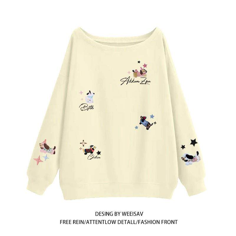 推荐花灰色露肩无帽卫衣女2025新款秋季美式宽松小狗印花小众斜领