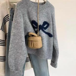 灰色蝴蝶结圆领套头内搭毛衣女秋冬2025新款小个子软糯打底针织衫