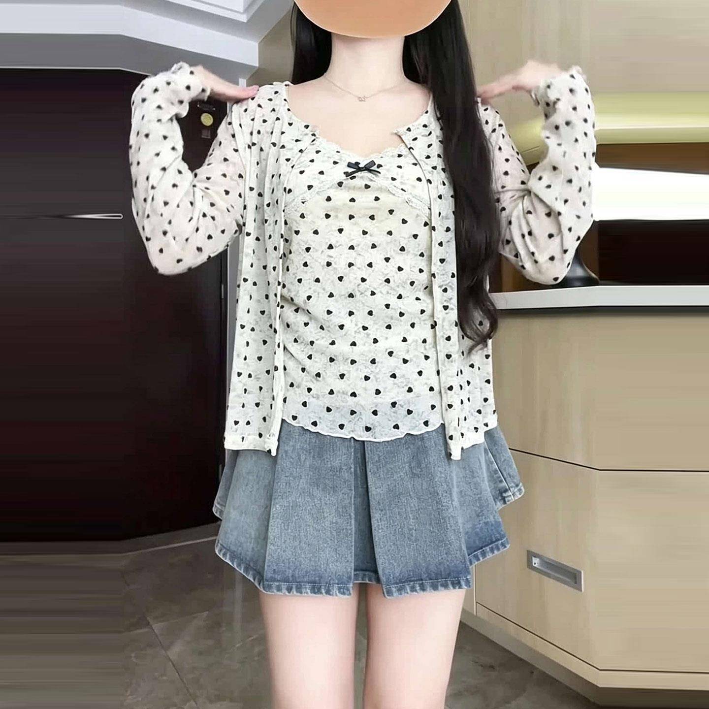 极速大码波点开衫吊带背心两件套女秋季胖mm韩系减龄显瘦百搭套装