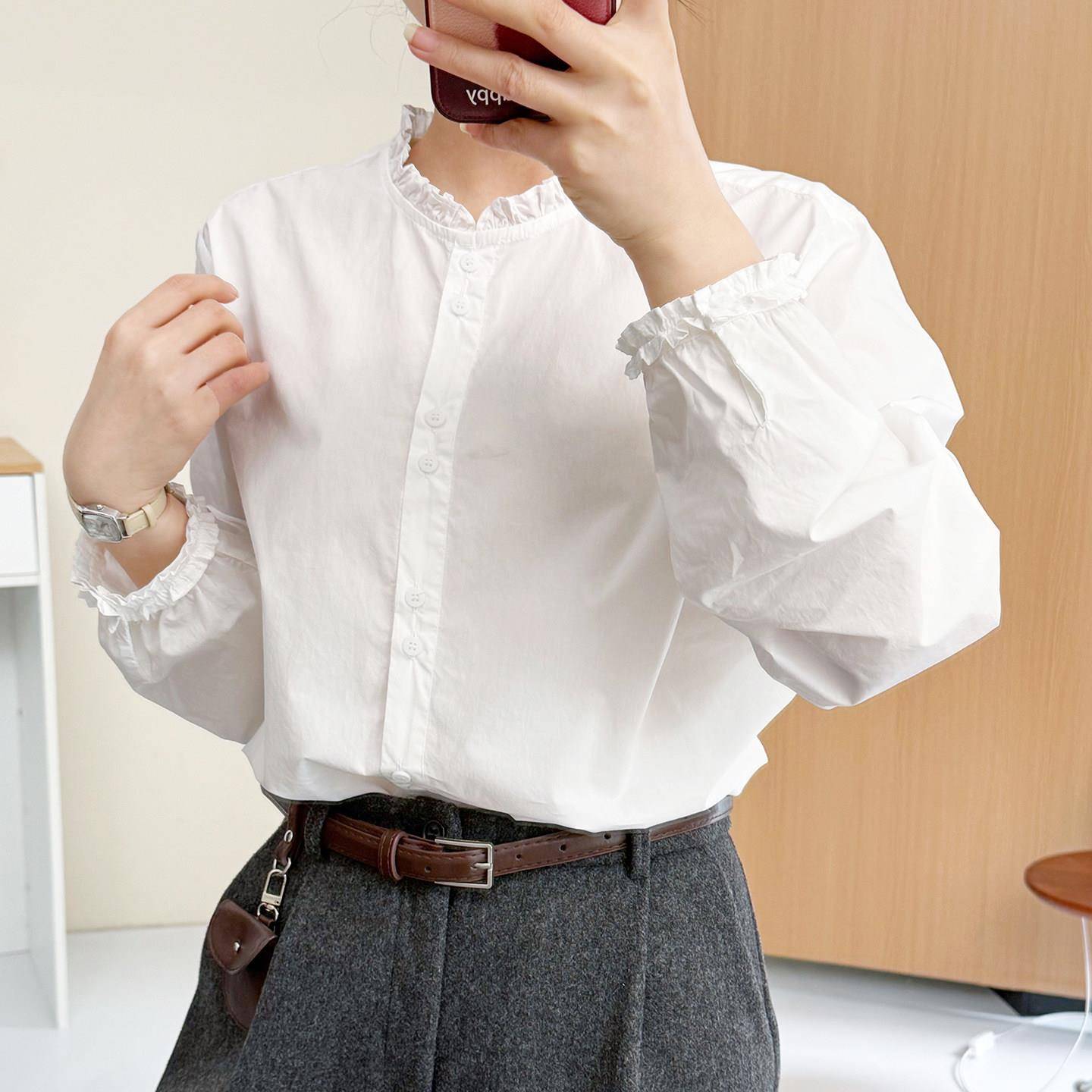 极速设计感小众小个子木耳边白色立领衬衫女长袖花边百搭宽松棉质