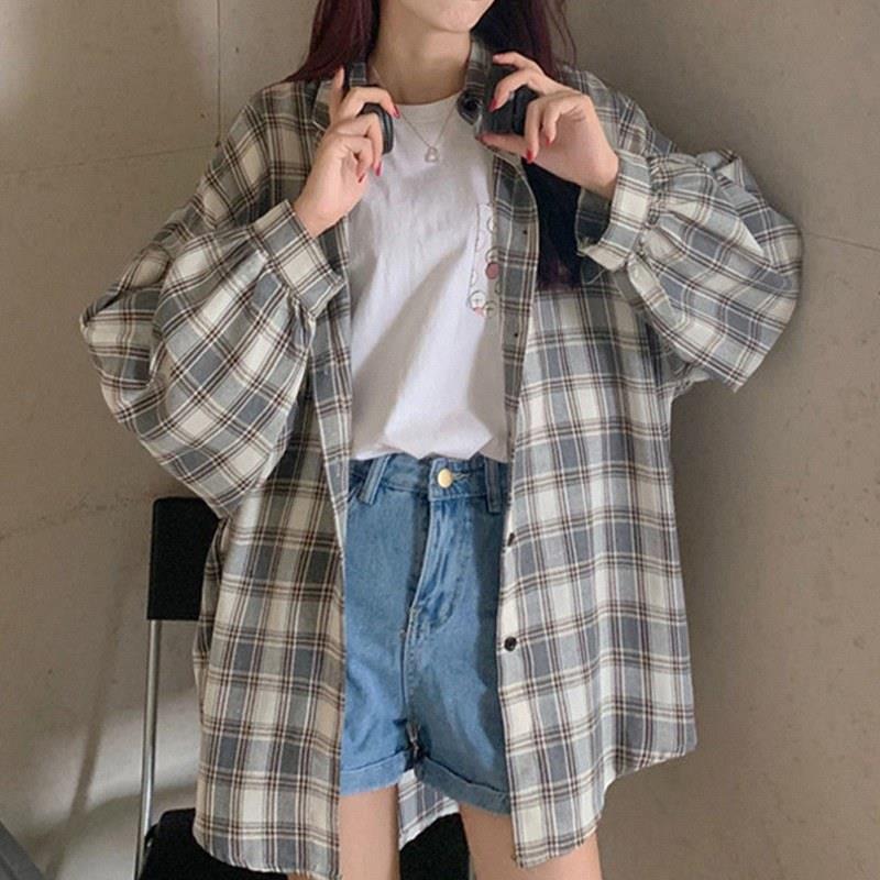 极速灰色格子衬衫女款春秋深圳欧货长袖衬衣宽松外穿上衣防晒开衫