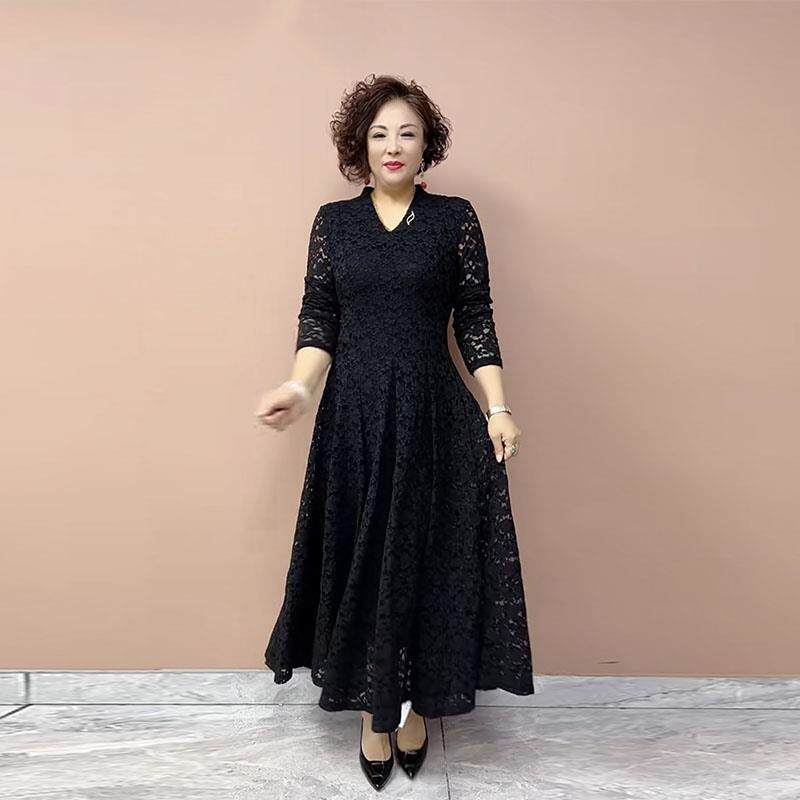 极速蕾丝连衣裙女秋冬季新款妈妈长袖v领收腰显瘦气质过膝长款大